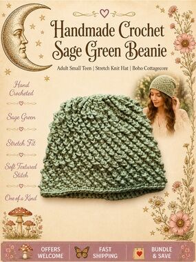 Handmade Crochet Sage Beanie Adult Small Teen Stretch Knit Hat Boho Cottagecore